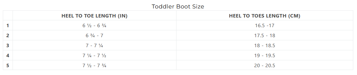 XCEL TODDLER BOOT SIZE 24 0 Size Chart